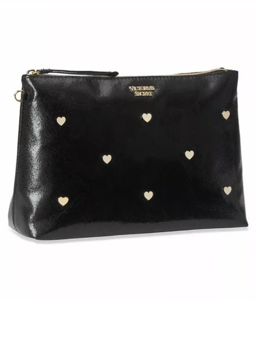 Victoria's Secret Black with Gold Hearts Large Pouch Bag